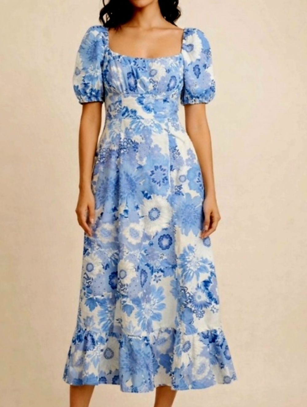 NWT London Times Cottagecore Linen Blend Blue And Cream Floral Midi Dress